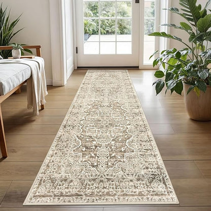 KUTA Vintage Washable Runner Rug, 2x5 Runners Non-Slip Beige Brown 5ft Hallway Kitchen Rugs Ultra Soft Printed Distressed Tribal Farmhouse Carpet for Bedroom Entryway Decor