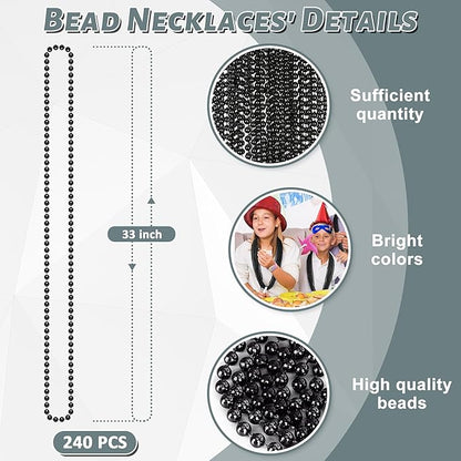 Black Beads, 240PCS New Years Eve Black Necklaces Accessories, 33" Mardi Gras Beads Necklace Costume Bulk, Festival Parade Throw for Halloween Wedding Party Events Supplies Decorations