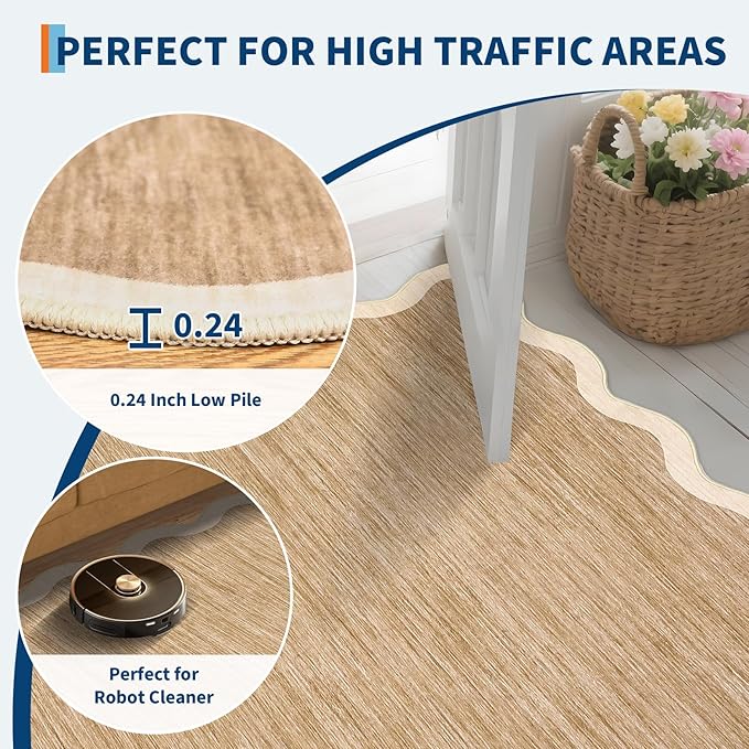 GarveeHome Scalloped Washable Rugs 10x13 Rug for Living Room Modern Bedroom Rug Brown Large Area Rug Non Slip Throw Rugs Soft Low Pile Stain Resistant Carpet for Dorm Dining Room 10'x13' Light Brown