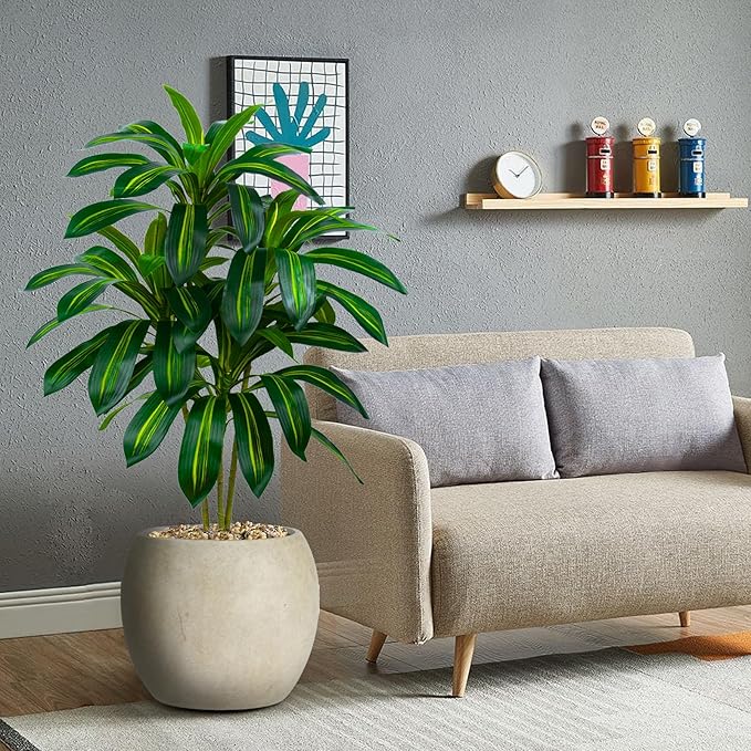 Artificial Dracaena Tree Artificial Silk Tree Faux Tree with White Tall Planter Fake Tropical Yucca Floor Plant (2, White Planter, 4 FT)