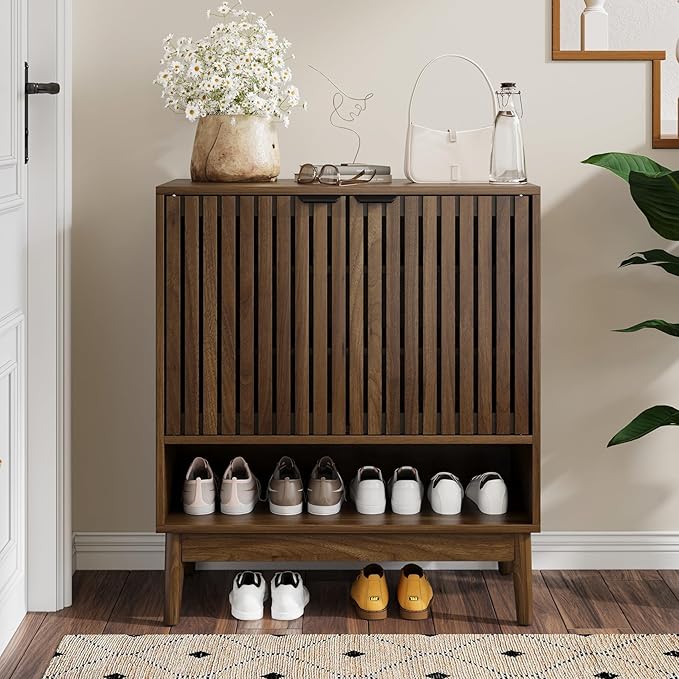 Shoe Storage Cabinet with Adjustable Shelves, Wooden Shoe Organizer, Shoes Rack for Entryway, Hallway, Living Room (Walnut, 27.56" W)