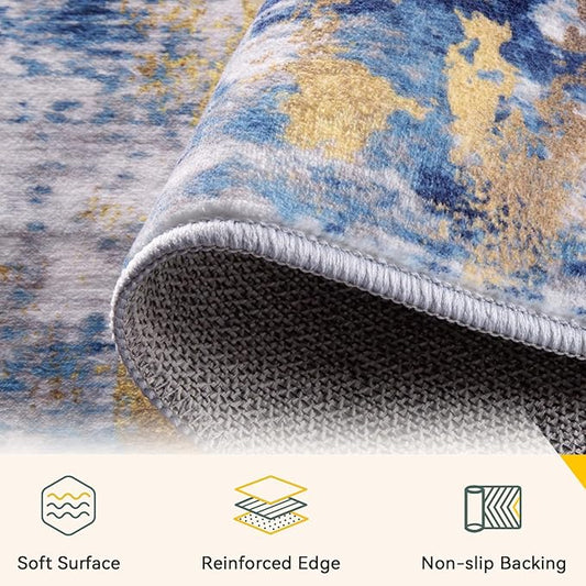 Washable Area Rugs 6ft Non-Slip Modern Abstract Soft for Living Room Entryway Bedroom Nursery, Print Pattern, Grey Blue Gold/Golden