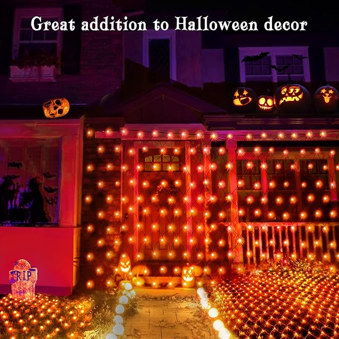 BlcTec Halloween Lights 200 LED 8.2ft x 4.9ft Orange Net Lights with 8 Modes, UL Certified, Timer, Connectable, Waterproof, Dark Green Wire for Trees, Bushes, Shrub, Lawn Halloween Decorations Outdoor