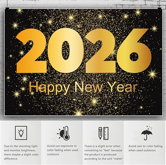 YongFoto 2026 Happy New Year Backdrop 20x10ft Gold Photography Background Merry Christmas Night Festival Carnival Family Celebration Party Banquet Decor Banner Photoshoot Wallpaper Photo Booth