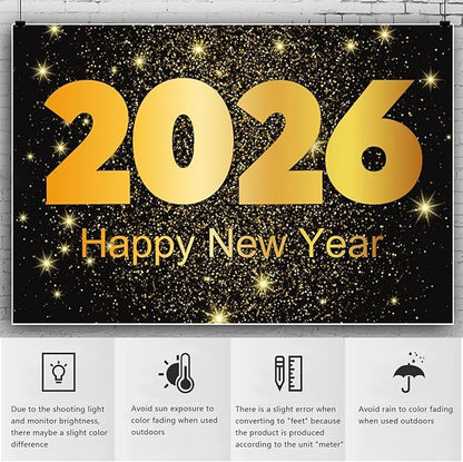 YongFoto 2026 Happy New Year Backdrop 12x8ft Gold Photography Background Merry Christmas Night Festival Carnival Family Celebration Party Banquet Decor Banner Photoshoot Wallpaper Photo Booth