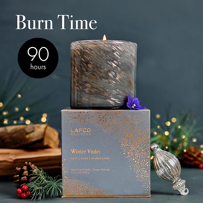 LAFCO New York 2025 Holiday Signature Candle, Winter Violet - 15.5 oz - 90-Hour Burn Time - Reusable, Hand Blown Glass Vessel - Made in The USA