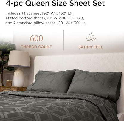Threadmill 100% Cotton Sheets for Queen Size Bed - 600 Thread Count Queen Bed Sheets Set with 16” Deep Pocket - Jacquard Sateen Weave 4-Piece Bedding Set with Cooling Effect, Dark Grey