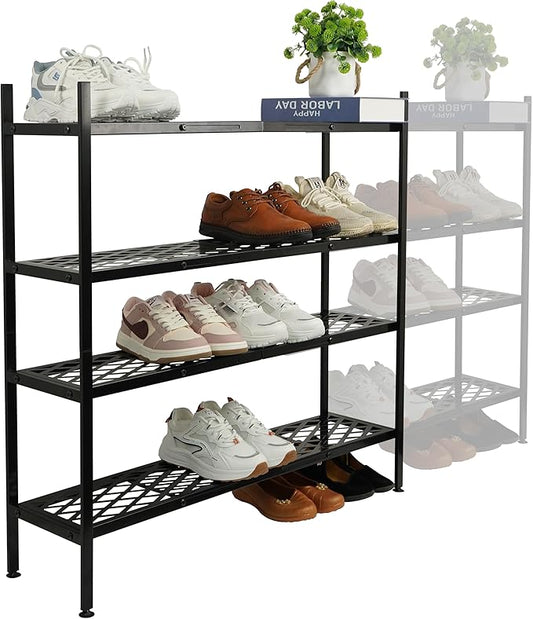 Shoe Rack, 4-Tier Long Shoe Rack, Stackable Shoe Storage Organizer Expandable Shoe Shelf Stand, Holds up to 25-30 Pairs of Shoes for Entryway, Garage, Front Door Entrance, Metal,45.6in Black