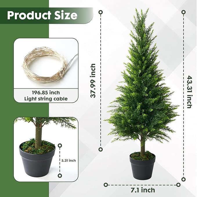 2 Packs of Fake Cypress Plants, 4FT Artificial Cedar Pruning Tree, with Flowerpot, UV Resistant Artificial shrubs, Suitable for Outdoor and Indoor Front Porch Gardens