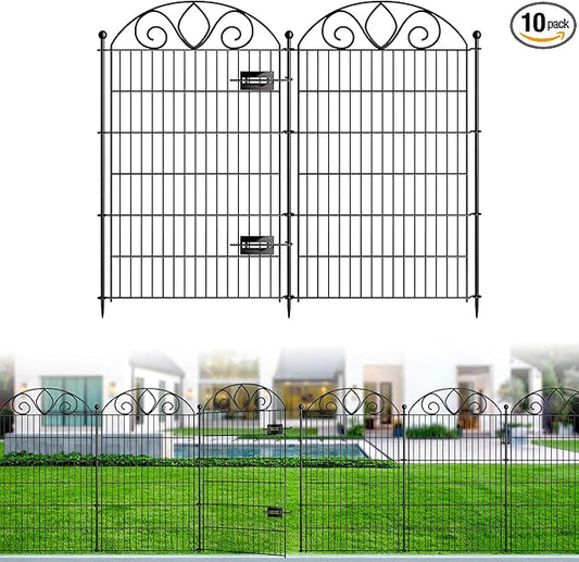 10 Panels No Dig Tall Garden Fence with Gate – 44" H X 23.6' L Rustproof Metal Dog Fence Outdoor for Yard, Decorative Animal Barrier Fence for Pet, Garden Border, Patio, Flower | Temporary Fencing
