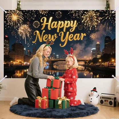 Nuxovilar Happy New Year Banner, City Night Fireworks Backdrop for Party Decorations, 71x43 Inch