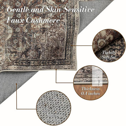 Area Rug 8×10, Large Vintage Boho Rug,Ultra-Soft Low Pile, Washable, Non Slip,Stain Resistant, Printed Carpet for Living Room Bedrooms Playroom Office Kitchen, Oat/Antiquity