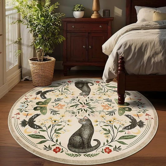 GarveeHome Round Area Rugs 5ft for Bedroom, Cat Beige Washable Circle Rug Soft Non Slip Mushroom Floral Floor Mat Carpet Indoor Thin Rug for Bedroom Dining Room Playroom Nursery Gothic Decor