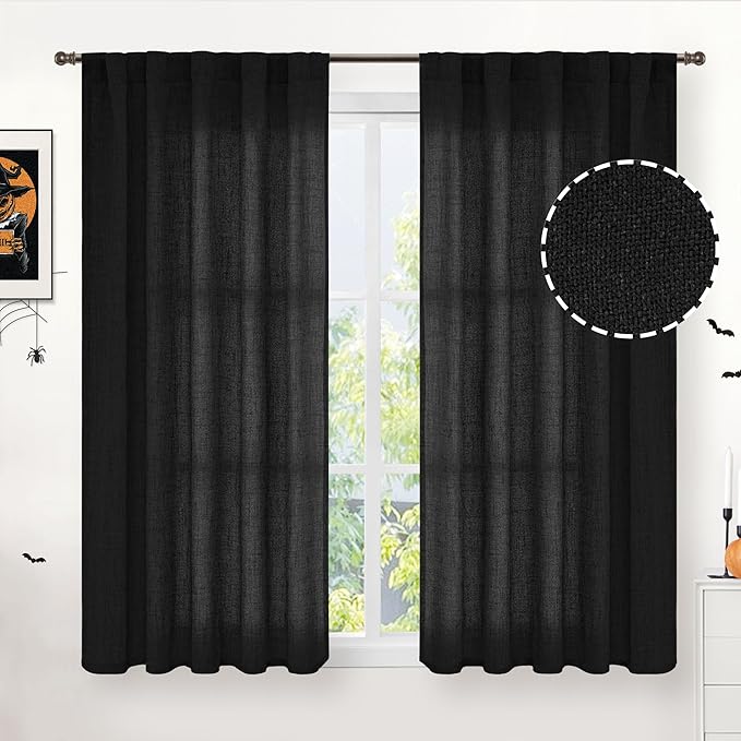 YoungsTex Black Linen Curtains 45 Inches Long for Kitchen Window, Short Light Filtering Drapes with Back Tab Rod Pocket Gothic Decorative for Bedroom Cafe, 2 Panels, 42 X 45 Inch
