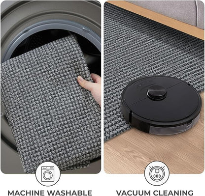 KOZYFLY Runners for Hallways 2x8 ft Washable Kitchen Runner Non Slip Rubber Backed Hall Runners Cotton Entryway Runner Rugs Floor Carpet for Indoor Backdoor Bedroom Kitchen, Grey/Dark Grey