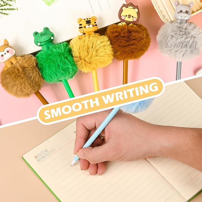 12 Pcs Pom Pom Pens with 3D Animals Fluffy Pen Cute Fun Kawaii Pens for Girl Colorful 3D Animals Shape Pompom Pen for Classroom Prizes Office Supplies