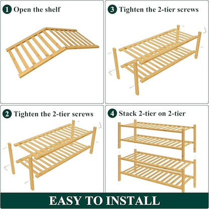 Smiry Bamboo Shoe Rack for Closet, 4 Tier Wooden Stackable Shoe Organizer, Free Standing Shoes Storage Shelf for Entryway, Front Door Entrance, Natural & White