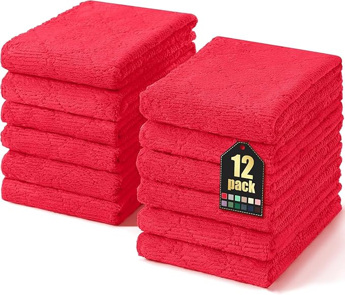 Homaxy 12 Pack Dish Towels for Kitchen (10 x 20 Inches, Red), Super Soft and Absorbent Coral Velvet Dish Cloths for Washing Dishes, Nonstick Oil Fast Drying Microfiber Cleaning Cloth