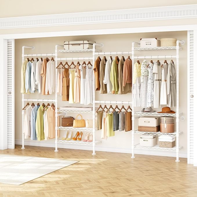 H4 Wall Mounted Closet System, Expandable Industrial Pipe Clothes Rack Clothing Rack for Hanging Clothes, Heavy Duty Closet Organizers and Storage in Wardrobe Closet - White