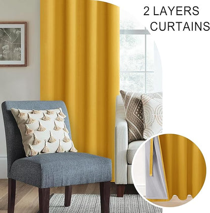 XWZO Total Blackout Window Curtains - Large Thermal Insulated & Noise Reduction Black Liner Ring Top Window Treatment Sewn with Tiebacks for Bedroom/Living Room, Yellow, W70 x L63, Set of 2