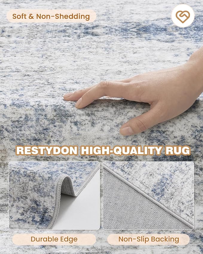 Rug Runners for Hallways Non Slip - 2x8 Runner Rug for Bedroom, Washable Runner with Rubber Backing, Soft Low-Pile Carpet for Kitchen, Laundry, Bathroom (2'x8', Blue/Brown/Ivory)