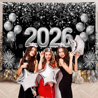 MEHOFOND 7x5ft Black and Silver 2026 Happy New Year Backdrop Hello 2026 New Year Eve Party Photography Background Balloon Fireworks Glitter Dots Cheers to 2026 Decor Banner Photo Booth Props