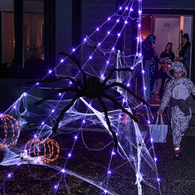 Spider Web Halloween Decorations Outdoor Lights 16.4 ft 135 LED Purple Light up Giant with Scary Realistic Spider, Stretch for Decoration Outdoor Haunted House