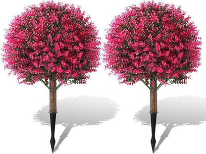 Faux Rose Boxwood Balls for Outdoor Planters Topiary Set of 2,UV Resistant Artificial Shrub Bushes Trees with Spike for Porch,Indoor,Garden