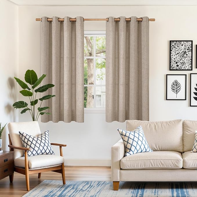 YoungsTex Oatmeal Short Linen Curtains 45 Inch Length for Kitchen Bathroom Window, Burlap Semi Sheer Drapes with Bronze Grommet Light Filtering for Cafe Bedroom, 52 x 45 Inch, 2 Panels