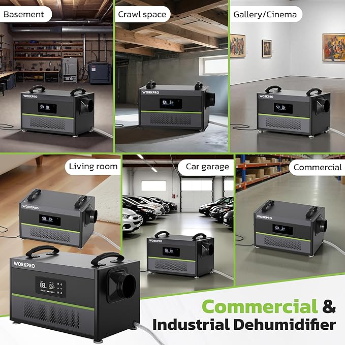 WORKPRO Crawl Space Dehumidifier, 145 Pint Commercial Dehumidifier for Basement, Warehouse and Garage, Covers 6000Sq. Ft, Drain Hose, Automatic Defrost, Memory Starting and Washable Filter