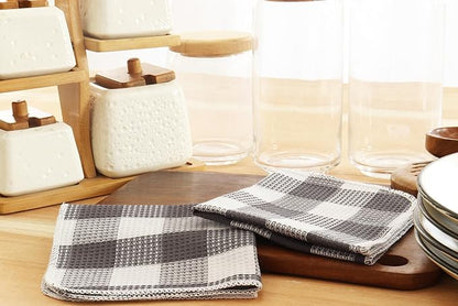 Waffle Weave Plaid Dish Cloths, 100% Cotton - 12 x 12 Inches, Ultra Soft Absorbent Quick Drying Dish Towels Buffalo Check Dish Rags for Kitchen, 6 Pack - Spring Summer - Steel Grey and White