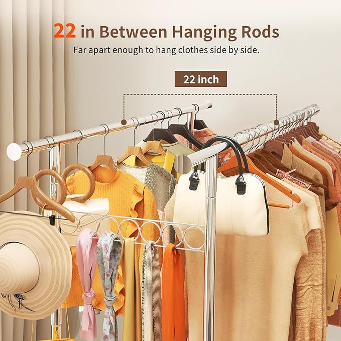 Clothes Rack Heavy Duty 620LBS For Hanging Clothes, Commercial Garment Rack Heavy Duty,Collapsible ＆ Portable Clothes Rack with Wheels,Rolling Clothing Racks Metal Clothing Rack (CR-H)