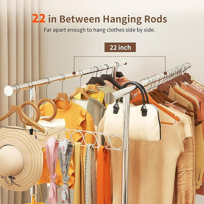 Clothes Rack Heavy Duty 620LBS For Hanging Clothes, Commercial Garment Rack Heavy Duty,Collapsible ＆ Portable Clothes Rack with Wheels,Rolling Clothing Racks Metal Clothing Rack (CR-H)