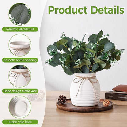 Artificial Eucalyptus in Vase, Fake plants for home decor, Ceramic White Vase with Greenery, Faux Decorative Plants, 20pcs Indoor Fake Eucalyptus Stems for Centerpiece Farmhouse Mantle Decor