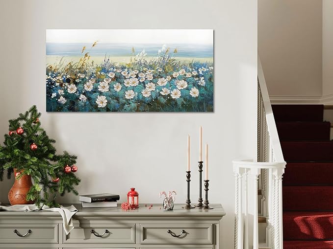 Arjun Flower Wall Art Bedroom Wall Decor Canvas White Daisy Floral Painting Landscape Picture Art Work for Living Room Wall Decor Textured Large Bathroom Office Home Dining Room, 40"x20"