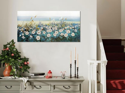 Arjun Flower Wall Art Bedroom Wall Decor Canvas White Daisy Floral Painting Landscape Picture Art Work for Living Room Wall Decor Textured Large Bathroom Office Home Dining Room, 40"x20"