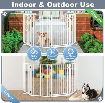 Metal Freestanding Dog Gates with Door for Outdoor Indoor,80'' Extra Wide 36'' Tall Free Standing Dog Gate for Doorways,Large Openings,Deck,Yard,Porch,Foldable Pet Fence(White,4 Panels)