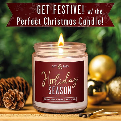 Holiday Candles, Christmas Candles Scented – ‘Holiday Season’ Soy Candle, w/Apple, Cinnamon & Clove - Infused with Essential Oils I Holiday Candle I 9oz, 50Hr, Made in USA