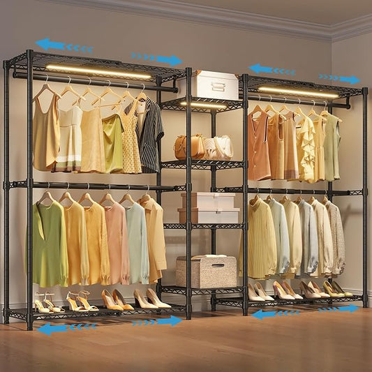 VIPEK X3L Expandable Reach in Closet Rack with Dimmable LED Lights Clothing Rack Adjustable from 5'2" to 8' Extendable Shelves and Hanger Rods, Large Freestanding Walk-in Open Closets, Black