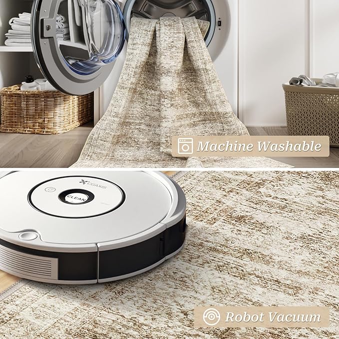 2x3 Washable Rug Runner for Bathroom, Soft Entryway Rug for Laundry Room, Kitchen, Vintage Abstract Hallway Runner for Bedroom, Anti-Slip Door Mat Indoor Entrance(2'x3', Brown/Ivory)