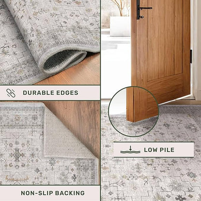 Boho 3x16 Wide Hallway Runner - Light Gray and Taupe, Washable Low Pile Non Slip Stain Resistant 16ft Runner Rug for Long Kitchen, Hall Way, Floral Decor