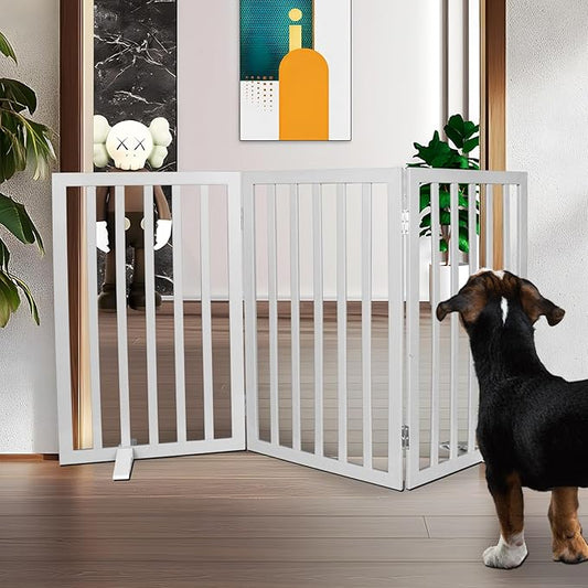 Dog Gate Indoor, Freestanding Dog Fence for The House, Doorways, Hallways,or Stairs,Pet Gate Foldable Wooden,Expandable 32" Height 3 Panels,Grey