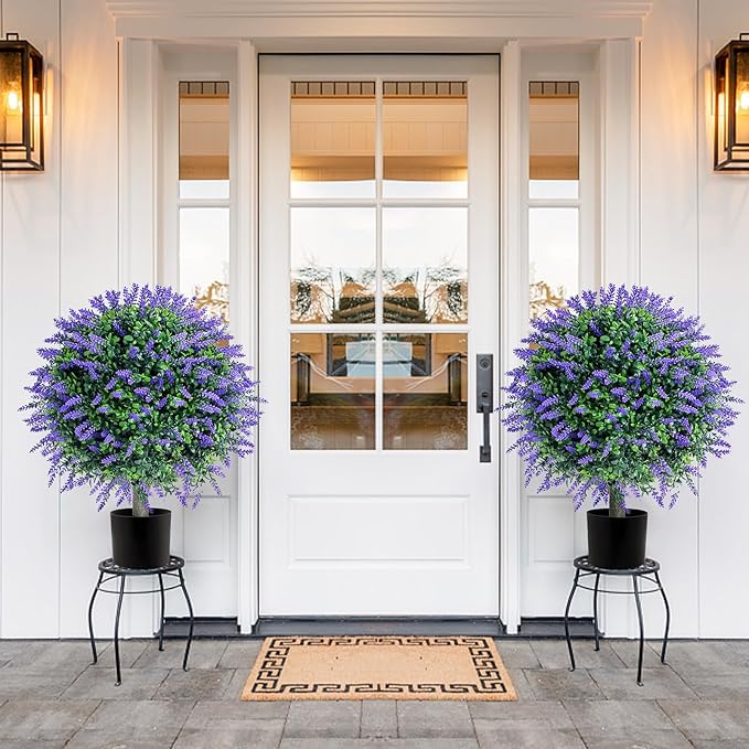 27.6''H Faux Lavender Plants Outdoor Set of 2, Realistic Artificial Boxwood Topiary Shrubs with Spike, UV Resistant Topiary Balls Large Fake Plant Faux Bushes for Indoor & Outdoor Decor