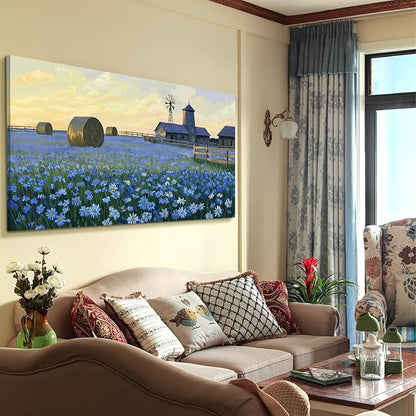 ARTZON Extra Large Wall Art Bedroom Living Room Oversized Farmhouse Sunset Art Work Rustic Country Blue Flower Meadow Landscape Canvas Print Artwork Windmill Picture for Kitchen Office Hallway 58"x29"