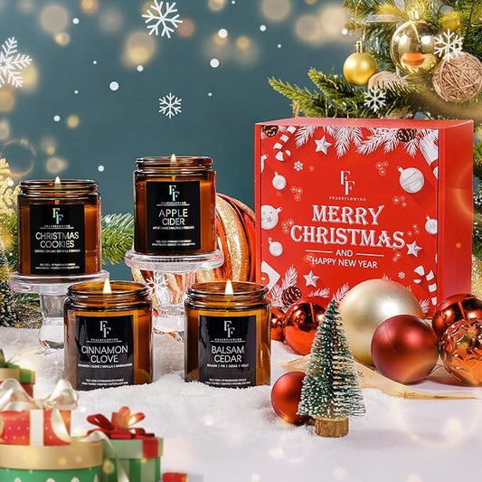 Christmas Scented Candles for Home, 4 Pack Holiday Natural Soy Candles, Christmas Gifts for Women Men, Winter Fragrance of Balsam Cedar/Cookies/Apple Cider/Cinnamon