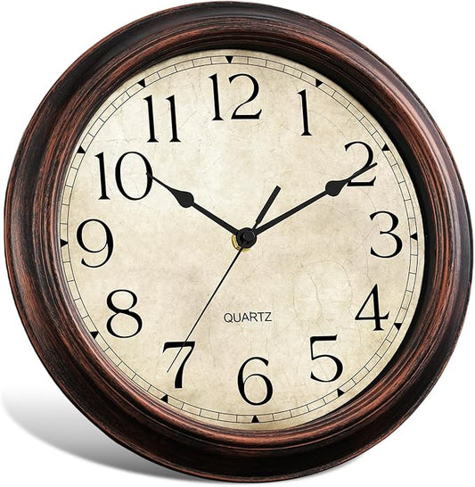 12 Inch Wall Clocks Battery Operated Silent Non-Ticking Analog Wall Clock Vintage Retro Rustic Style Decorative for Living Room Kitchen Home Office(Bronze)