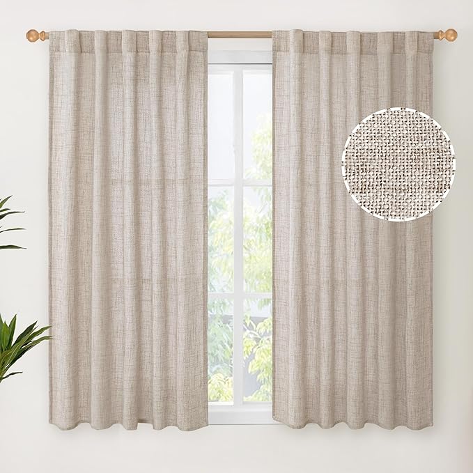 YoungsTex Linen Curtains 48 Inch Length for Living Room Window, Short Natural Semi Sheer Drapes with Rod Pocket Back Tab Light Filtering for Bathroom Bedroom, 2 Panels, 42 X 48 Inch