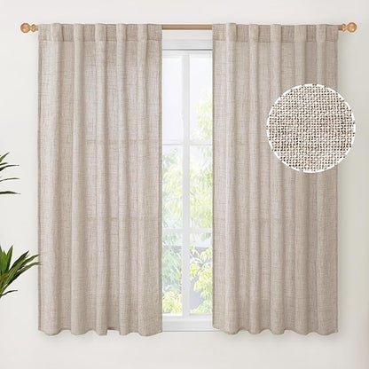 YoungsTex Linen Curtains 48 Inch Length for Living Room Window, Short Natural Semi Sheer Drapes with Rod Pocket Back Tab Light Filtering for Bathroom Bedroom, 2 Panels, 42 X 48 Inch