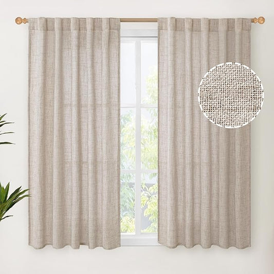 YoungsTex Linen Curtains 48 Inch Length for Living Room Window, Short Natural Semi Sheer Drapes with Rod Pocket Back Tab Light Filtering for Bathroom Bedroom, 2 Panels, 42 X 48 Inch