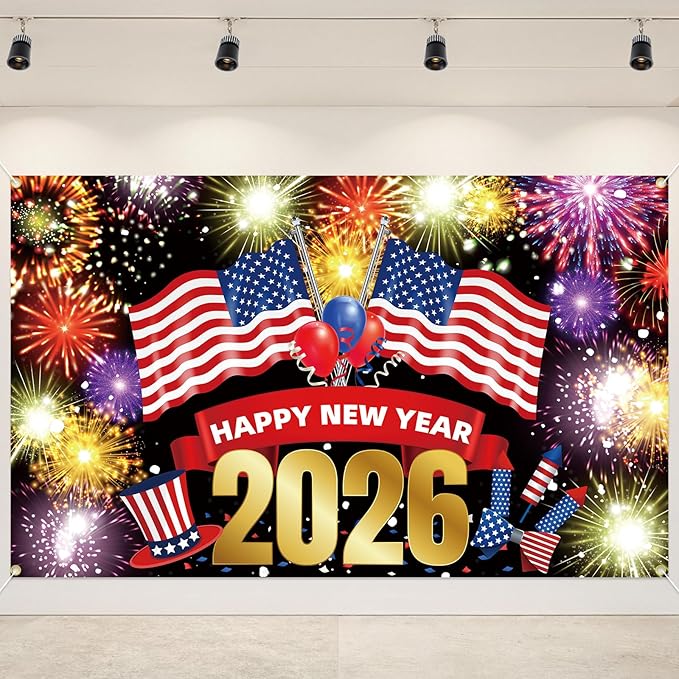 Happy New Year Banner 2026 72x44 Inch Illuminated Firework Design New Years Eve Party Decorations Holiday Celebration Banner Props Backdrop